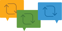 three speech bubbles with rotating arrows inside
