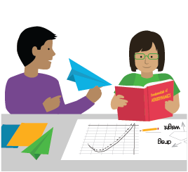 illustration of two students with a variety of materials that represent paper airplanes